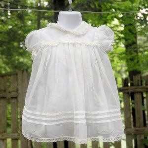 Vintage 60's Nanette 'Baby Frock' Ivory Nylon Organza Baptism Party Dress 6-9M